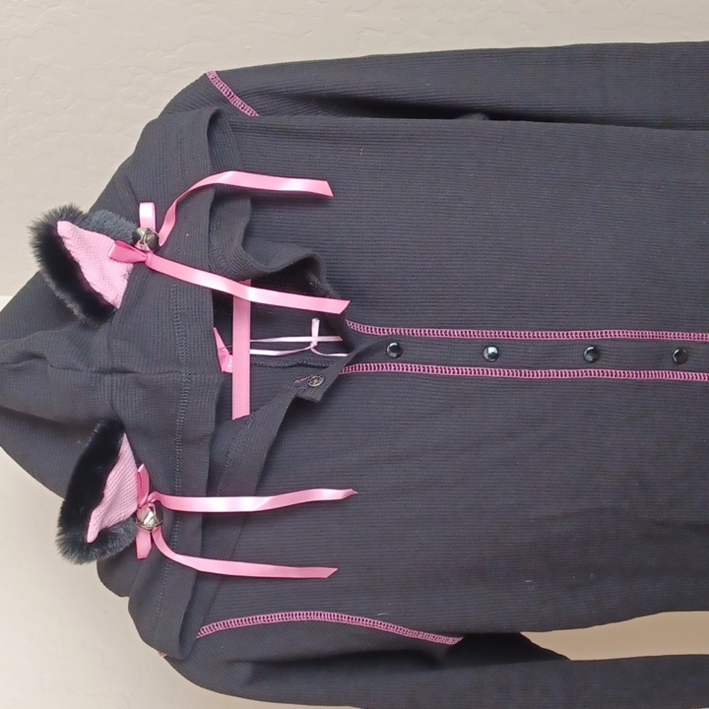DOLLSKILL SUGAR THRILLZ 1X BLACK LONG-SLEEVED CAT ROMPER EARS ON HOOD BOWS/BELL - Picture 17 of 17